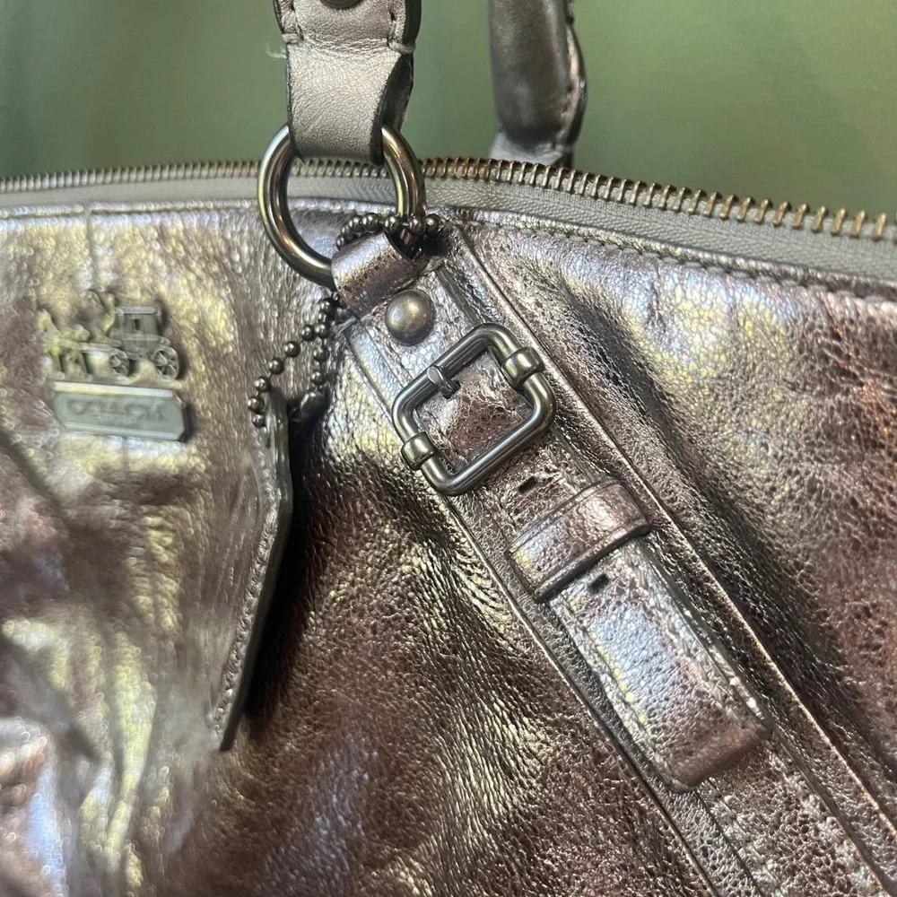 Coach Madison Metallic Pewter Silver Leather Satchel Shoulder Bag‎ Purse